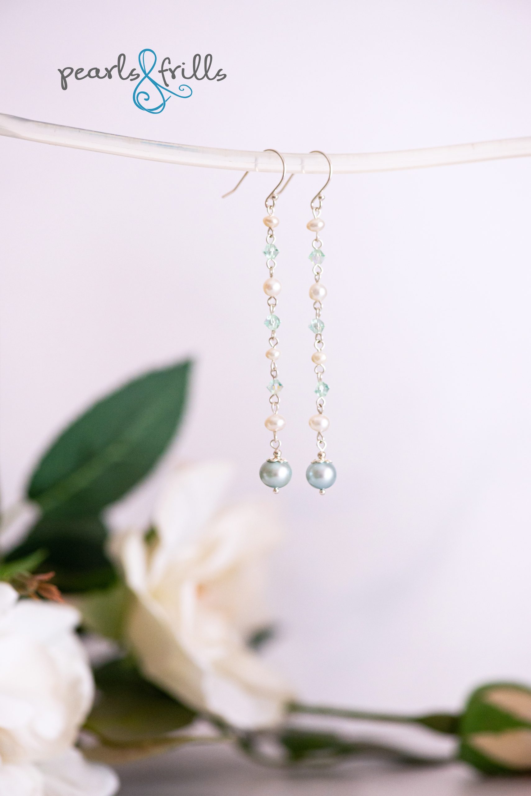 Something blue pearl earrings - sterling silver 2 blue and white pearl bridal earrings
